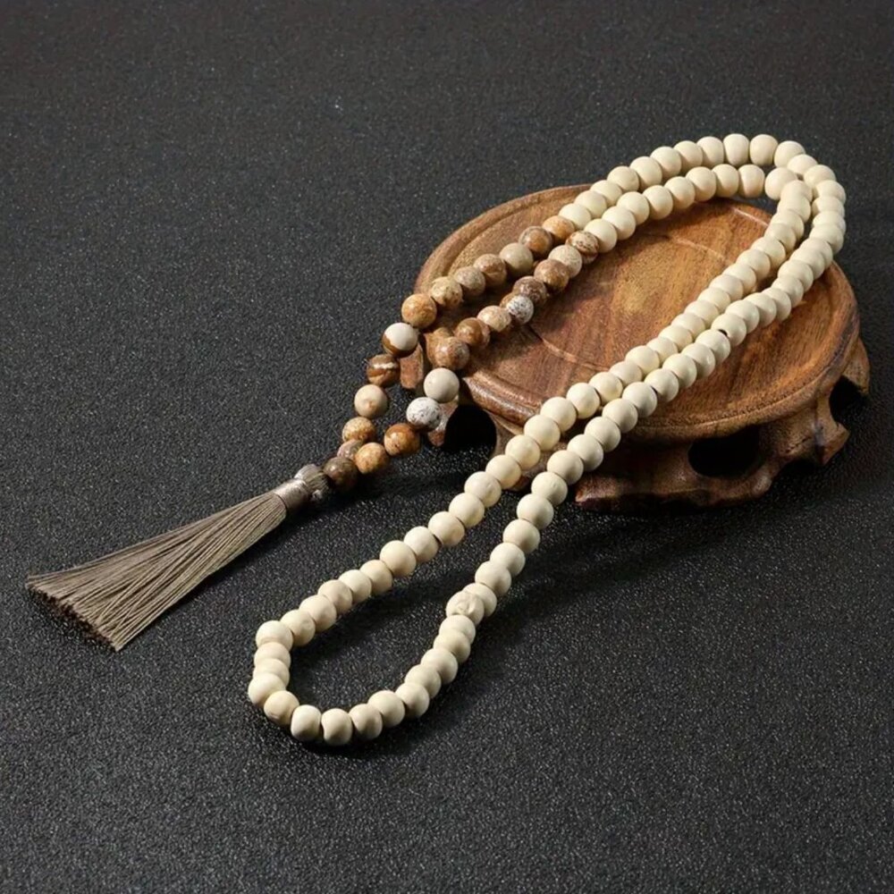 Handmade Boho Tassel Necklace Wooden & Jasper Stone Beads – 34” Long #1502